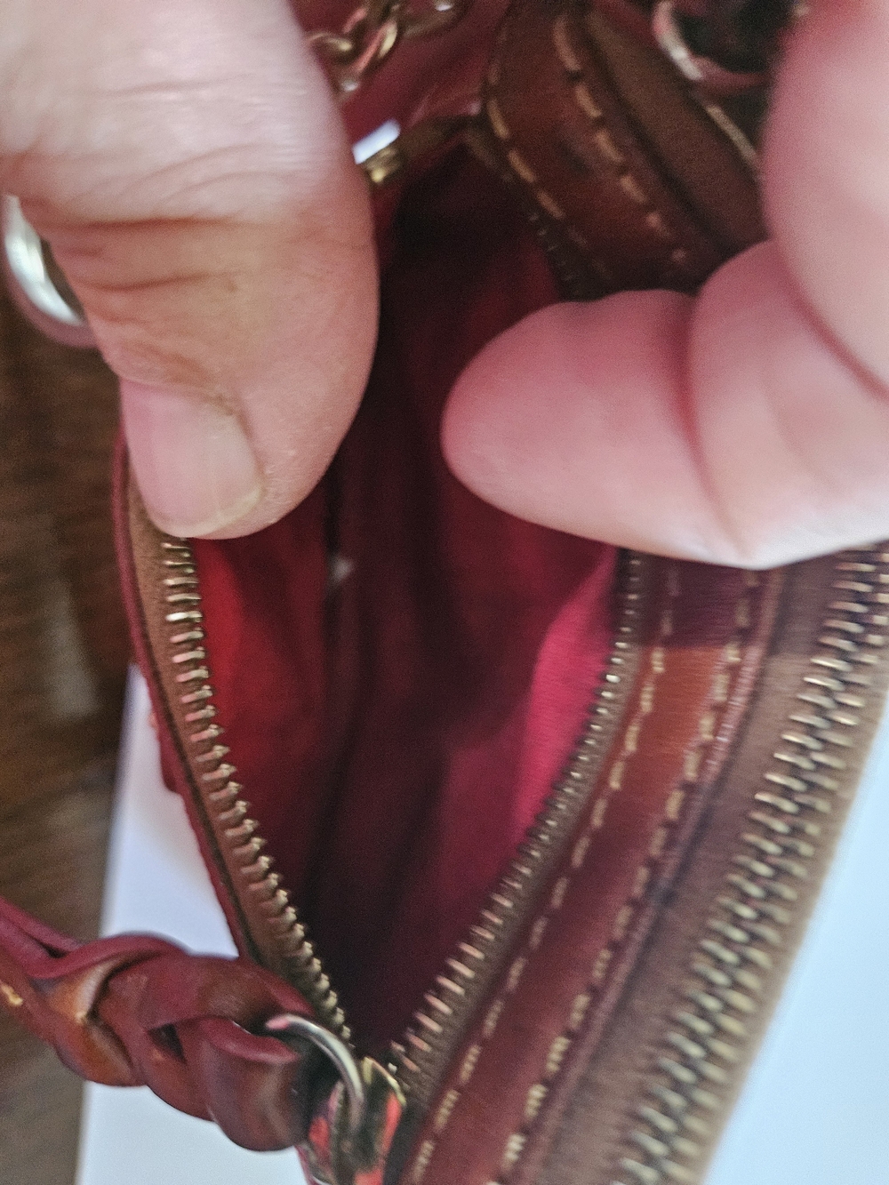 Dooney & Bourke Red Signature Logo Wristlet with Brown Trim - Picture 3 of 4